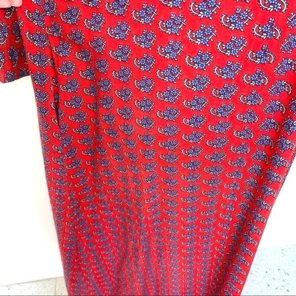 Ramona Rull Maxi Dress Vintage Red Blue Pattern Cotton Pockets Belt Puff Sleeves - Picture 11 of 12